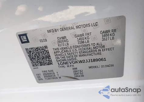 2018 Chevrolet Traverse 1Lt из США, поврежденный, VIN 1GNEVGKW2JJ189061